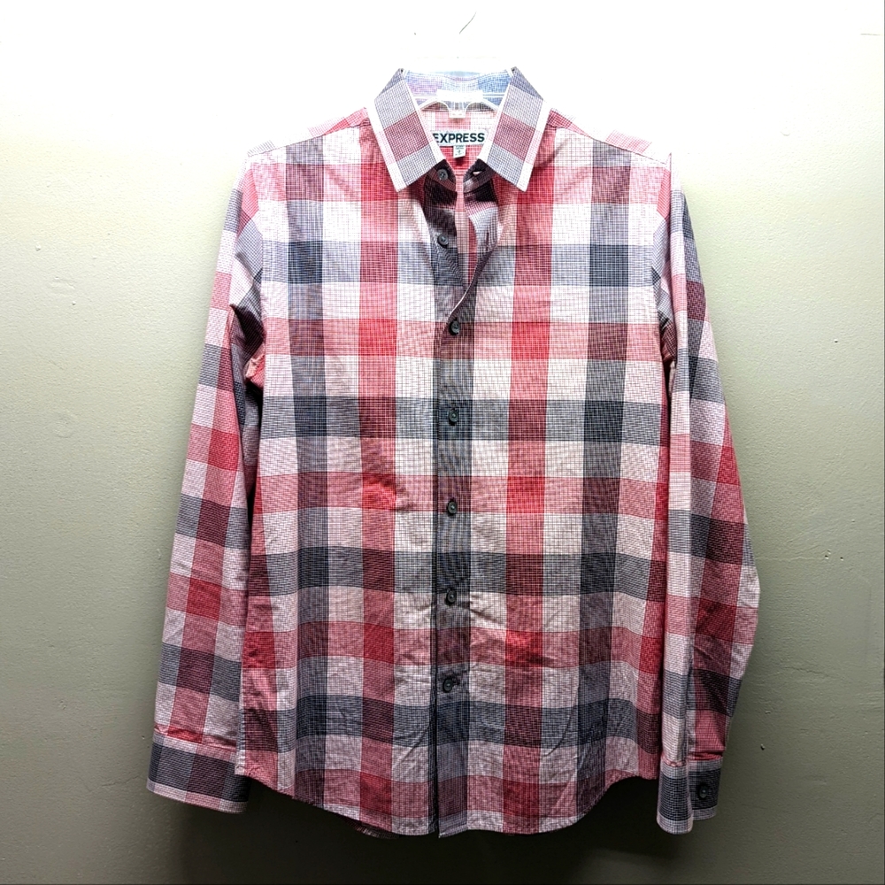 👍  Express Dress Shirt Plaid Fitted  14- 14 1/2
